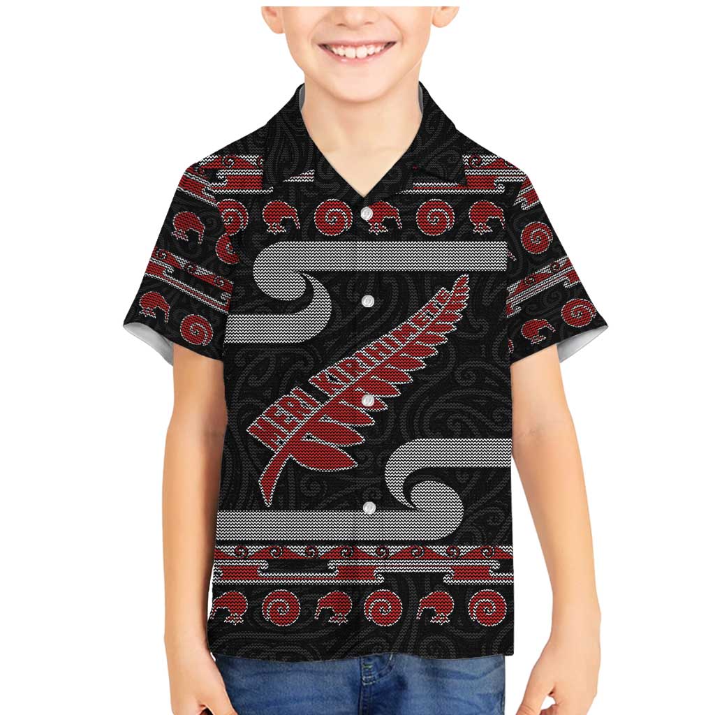New Zealand Christmas Family Matching Mermaid Dress and Hawaiian Shirt Meri Kirihimete Silver Fern Knit Style Red Color - Polynesian Pride