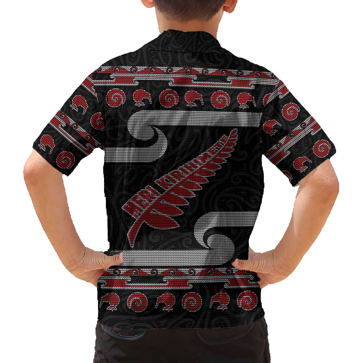 New Zealand Christmas Family Matching Off The Shoulder Long Sleeve Dress and Hawaiian Shirt Meri Kirihimete Silver Fern Knit Style Red Color - Polynesian Pride