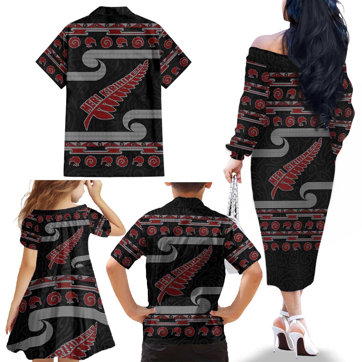 New Zealand Christmas Family Matching Off The Shoulder Long Sleeve Dress and Hawaiian Shirt Meri Kirihimete Silver Fern Knit Style Red Color - Polynesian Pride