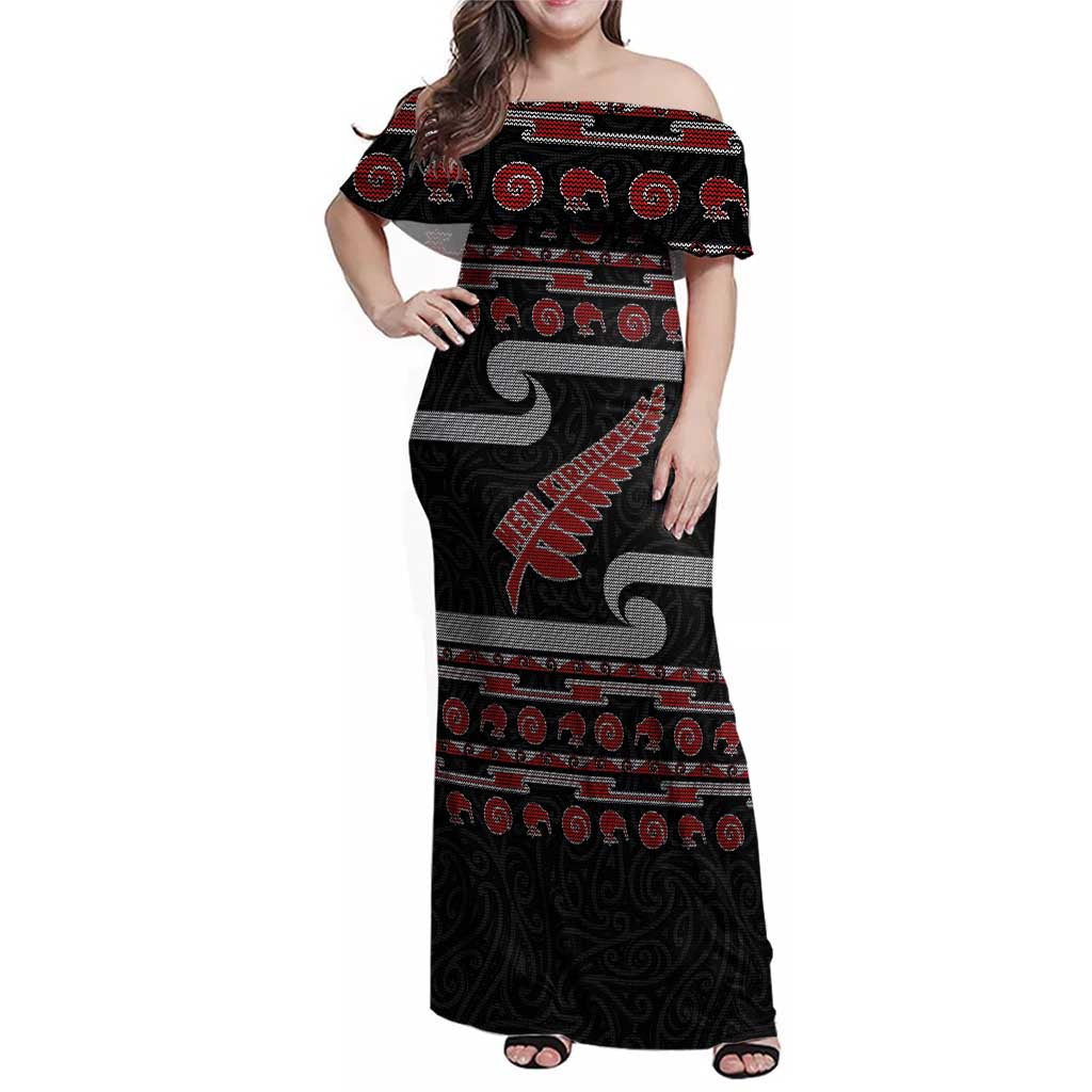 New Zealand Christmas Family Matching Off Shoulder Maxi Dress and Hawaiian Shirt Meri Kirihimete Silver Fern Knit Style Red Color - Polynesian Pride