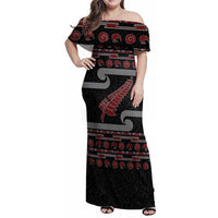 New Zealand Christmas Family Matching Off Shoulder Maxi Dress and Hawaiian Shirt Meri Kirihimete Silver Fern Knit Style Red Color - Polynesian Pride