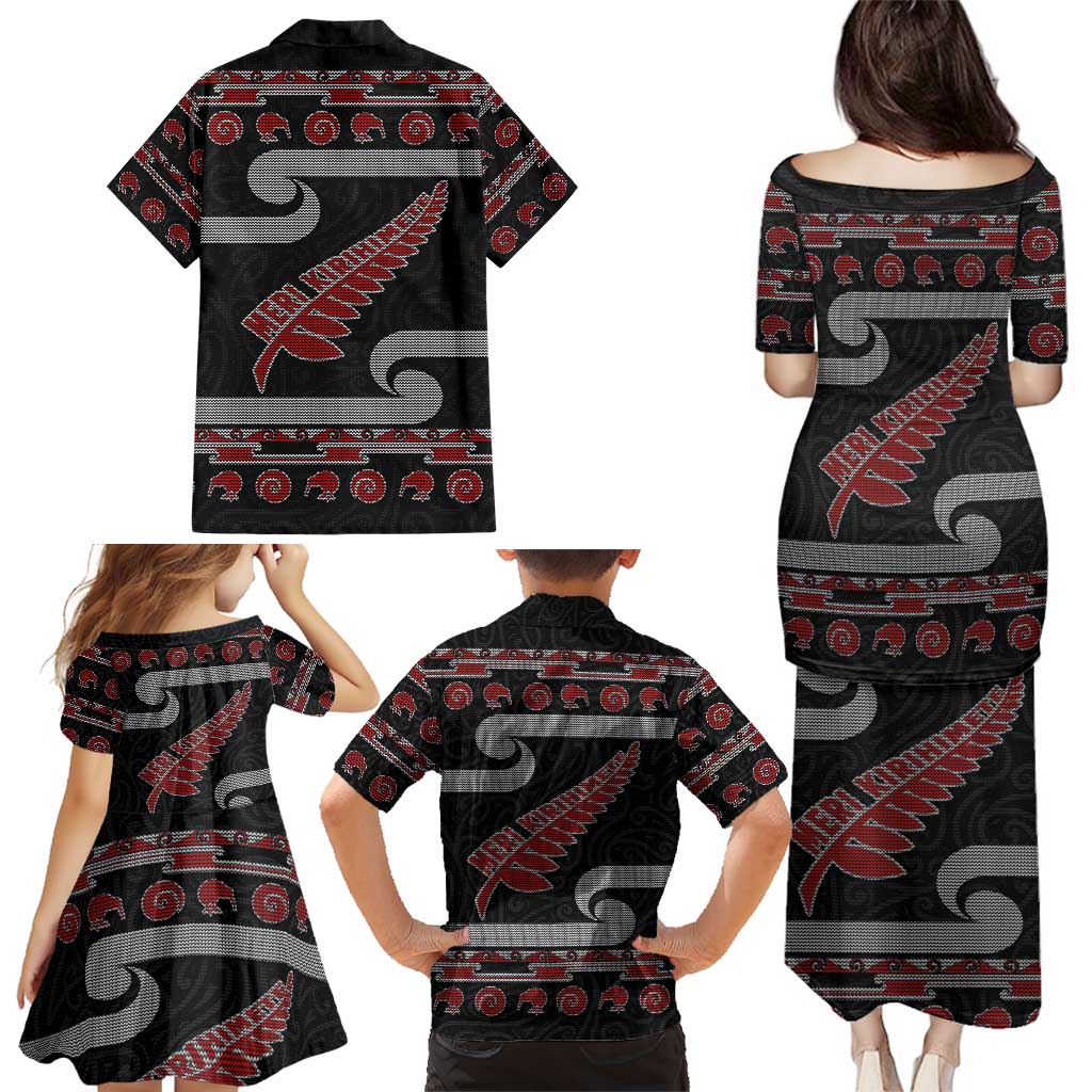 New Zealand Christmas Family Matching Puletasi and Hawaiian Shirt Meri Kirihimete Silver Fern Knit Style Red Color - Polynesian Pride