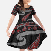 New Zealand Christmas Family Matching Short Sleeve Bodycon Dress and Hawaiian Shirt Meri Kirihimete Silver Fern Knit Style Red Color - Polynesian Pride