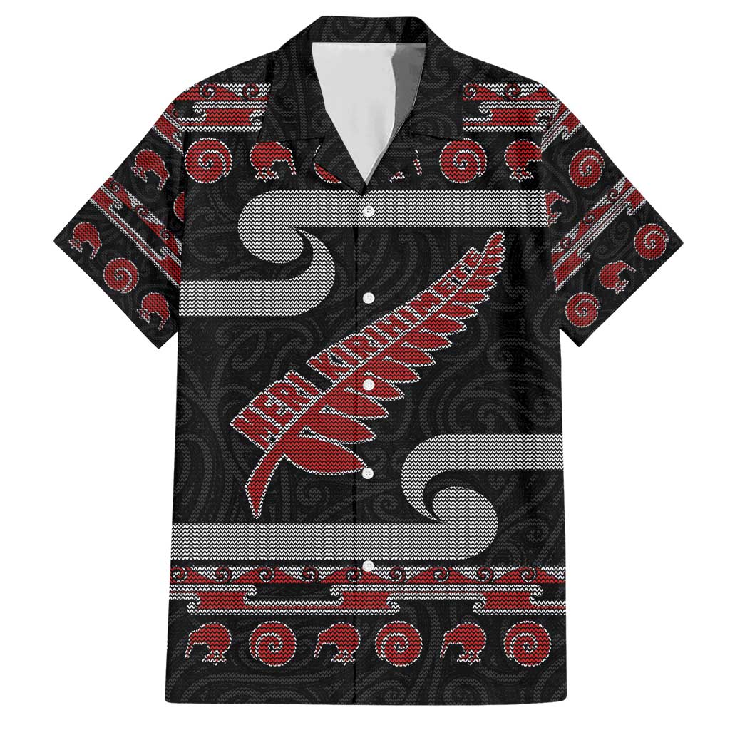 New Zealand Christmas Family Matching Short Sleeve Bodycon Dress and Hawaiian Shirt Meri Kirihimete Silver Fern Knit Style Red Color - Polynesian Pride