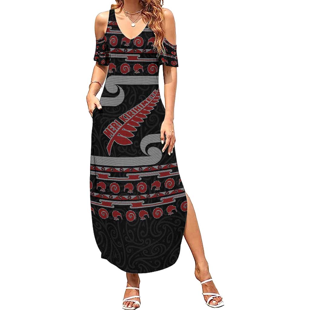 New Zealand Christmas Family Matching Summer Maxi Dress and Hawaiian Shirt Meri Kirihimete Silver Fern Knit Style Red Color - Polynesian Pride