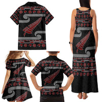 New Zealand Christmas Family Matching Tank Maxi Dress and Hawaiian Shirt Meri Kirihimete Silver Fern Knit Style Red Color - Polynesian Pride