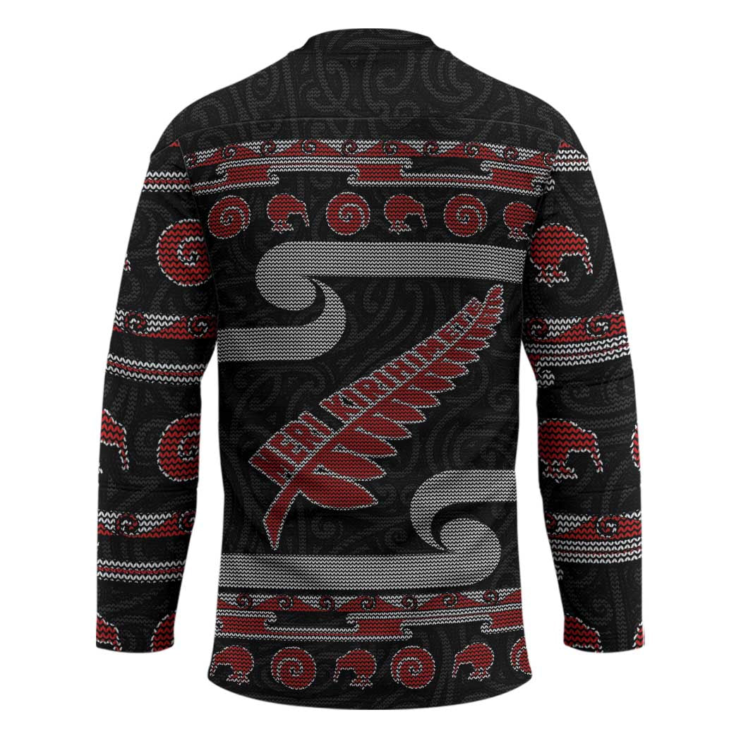 New Zealand Christmas Hockey Jersey Meri Kirihimete Silver Fern Knit Style Red Color - Polynesian Pride