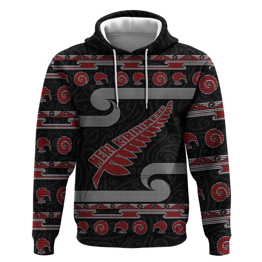 New Zealand Christmas Hoodie Meri Kirihimete Silver Fern Knit Style Red Color - Polynesian Pride