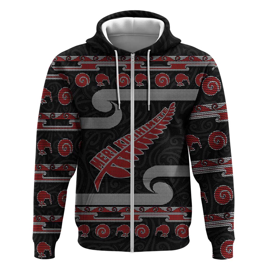 New Zealand Christmas Hoodie Meri Kirihimete Silver Fern Knit Style Red Color - Polynesian Pride