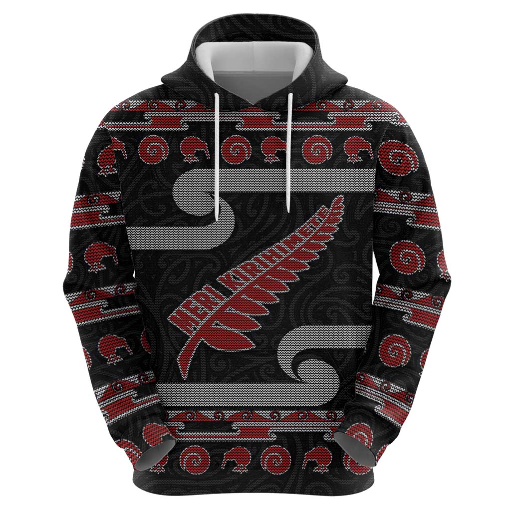 New Zealand Christmas Hoodie Meri Kirihimete Silver Fern Knit Style Red Color - Polynesian Pride