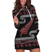 New Zealand Christmas Hoodie Dress Meri Kirihimete Silver Fern Knit Style Red Color - Polynesian Pride