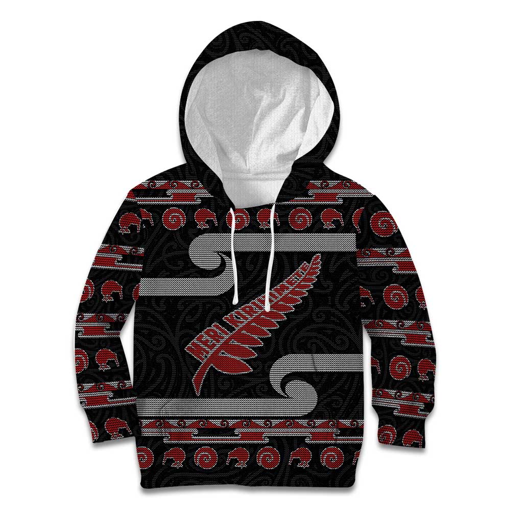 New Zealand Christmas Kid Hoodie Meri Kirihimete Silver Fern Knit Style Red Color - Polynesian Pride