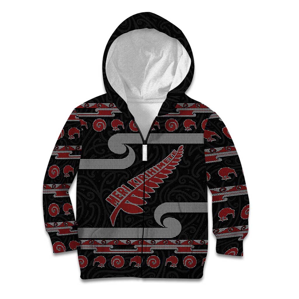 New Zealand Christmas Kid Hoodie Meri Kirihimete Silver Fern Knit Style Red Color - Polynesian Pride