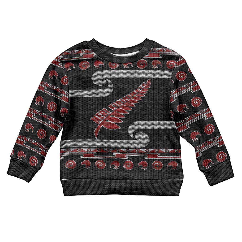 New Zealand Christmas Kid Ugly Christmas Sweater Meri Kirihimete Silver Fern Knit Style Red Color - Polynesian Pride