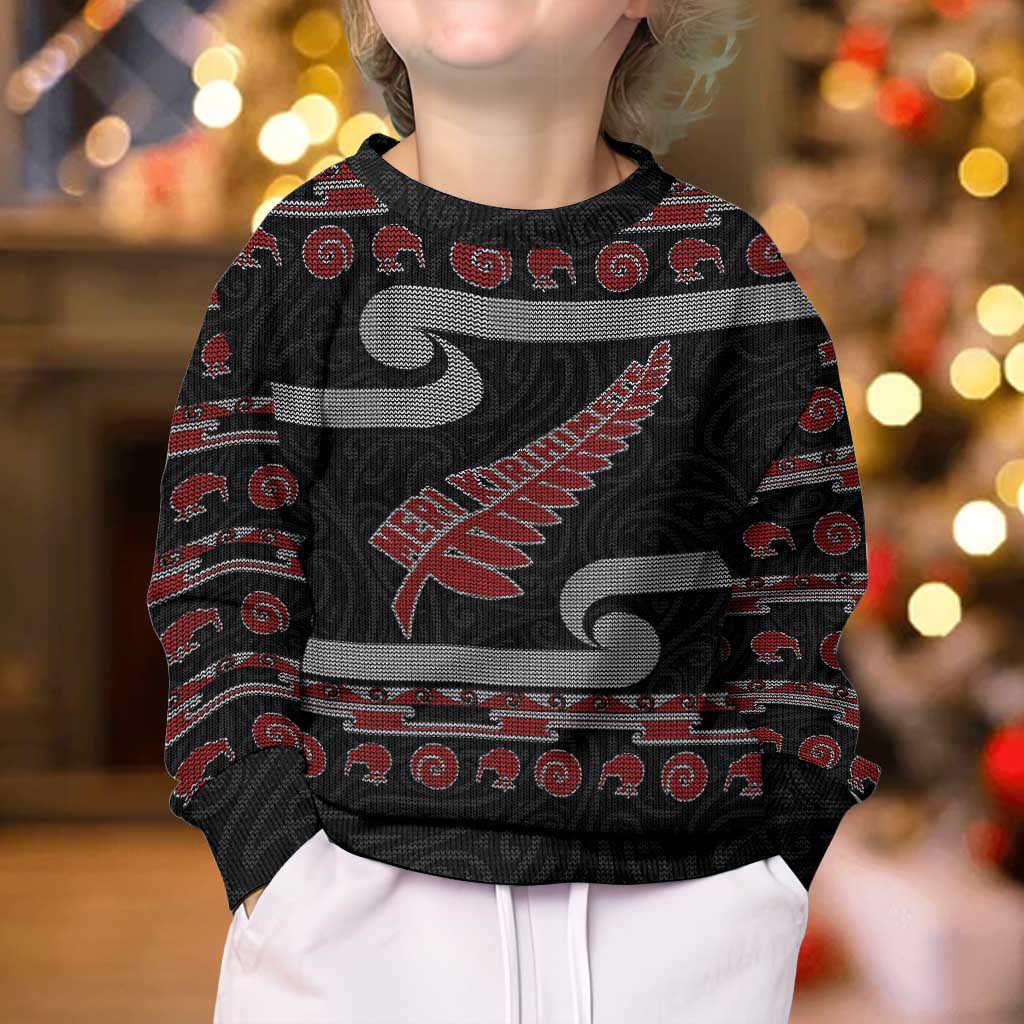 New Zealand Christmas Kid Ugly Christmas Sweater Meri Kirihimete Silver Fern Knit Style Red Color - Polynesian Pride
