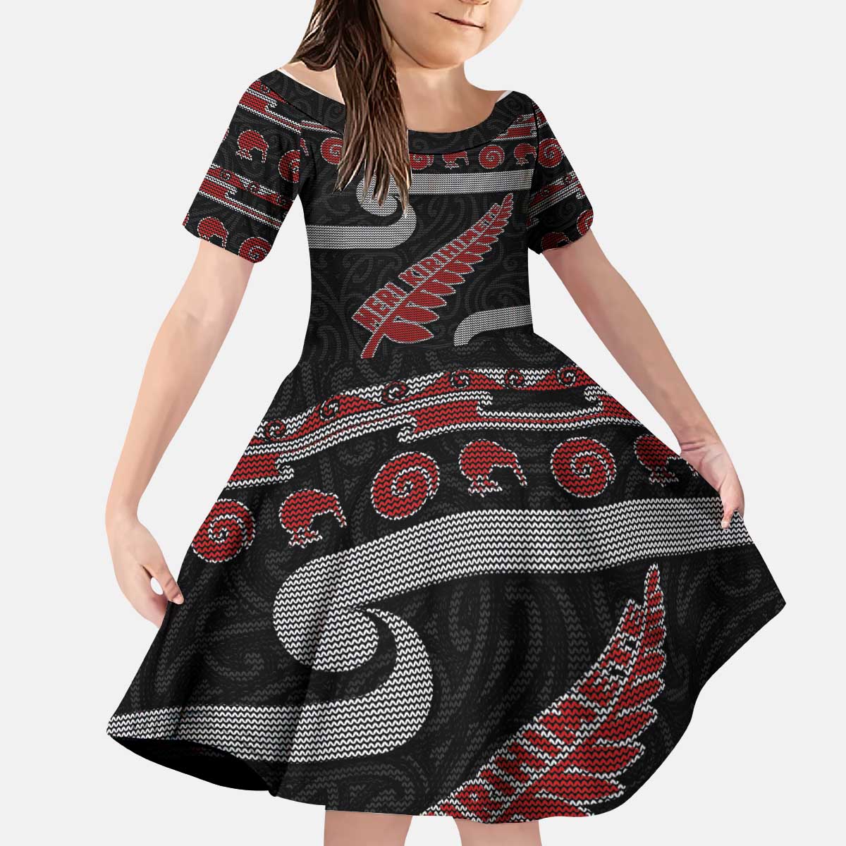 New Zealand Christmas Kid Short Sleeve Dress Meri Kirihimete Silver Fern Knit Style Red Color - Polynesian Pride