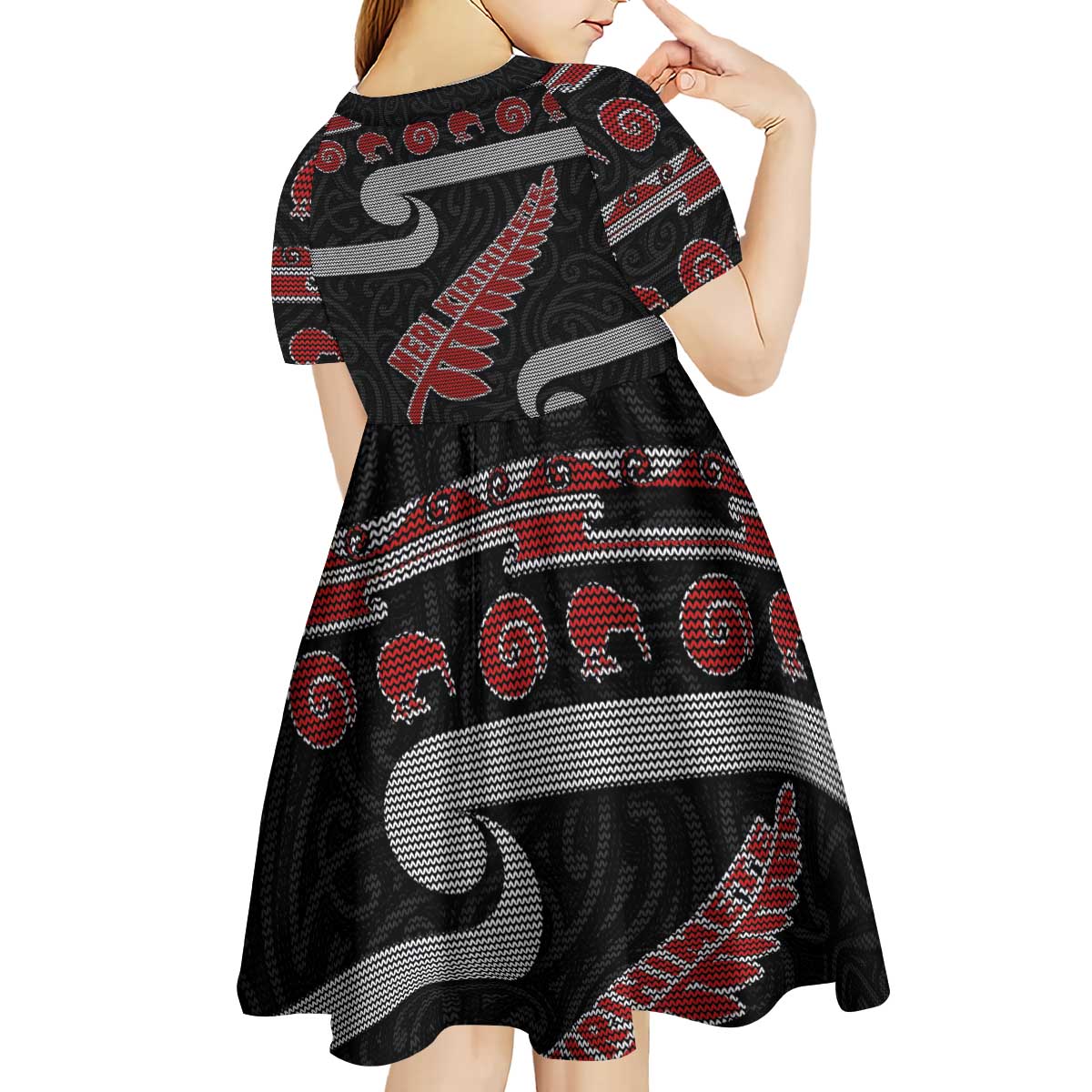 New Zealand Christmas Kid Short Sleeve Dress Meri Kirihimete Silver Fern Knit Style Red Color - Polynesian Pride