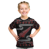 New Zealand Christmas Kid T Shirt Meri Kirihimete Silver Fern Knit Style Red Color - Polynesian Pride