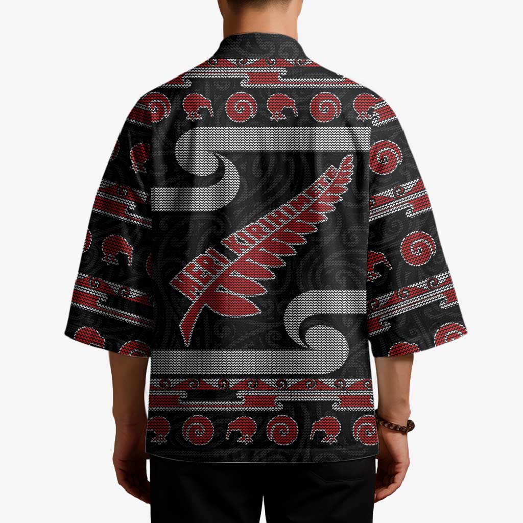 New Zealand Christmas Kimono Meri Kirihimete Silver Fern Knit Style Red Color - Polynesian Pride