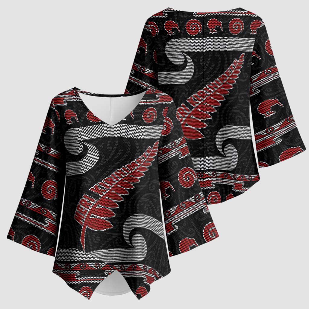 New Zealand Christmas Kimono Sleeve Blouse Meri Kirihimete Silver Fern Knit Style Red Color - Polynesian Pride