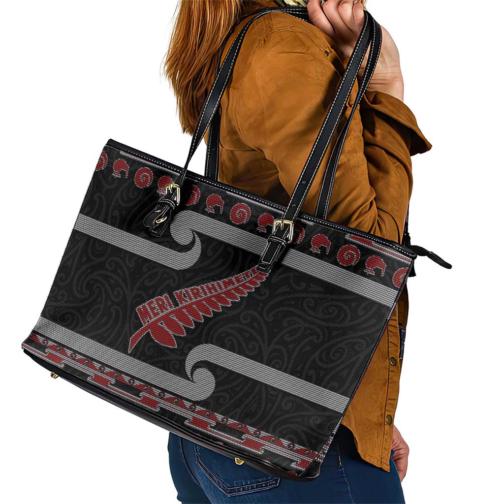 New Zealand Christmas Leather Tote Bag Meri Kirihimete Silver Fern Knit Style Red Color - Polynesian Pride