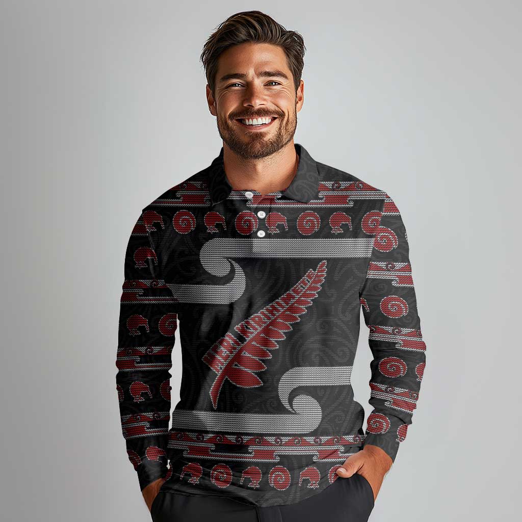 New Zealand Christmas Long Sleeve Polo Shirt Meri Kirihimete Silver Fern Knit Style Red Color - Polynesian Pride