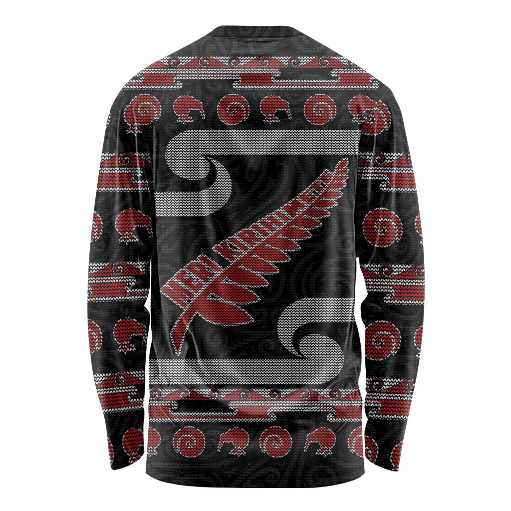 New Zealand Christmas Long Sleeve Shirt Meri Kirihimete Silver Fern Knit Style Red Color - Polynesian Pride