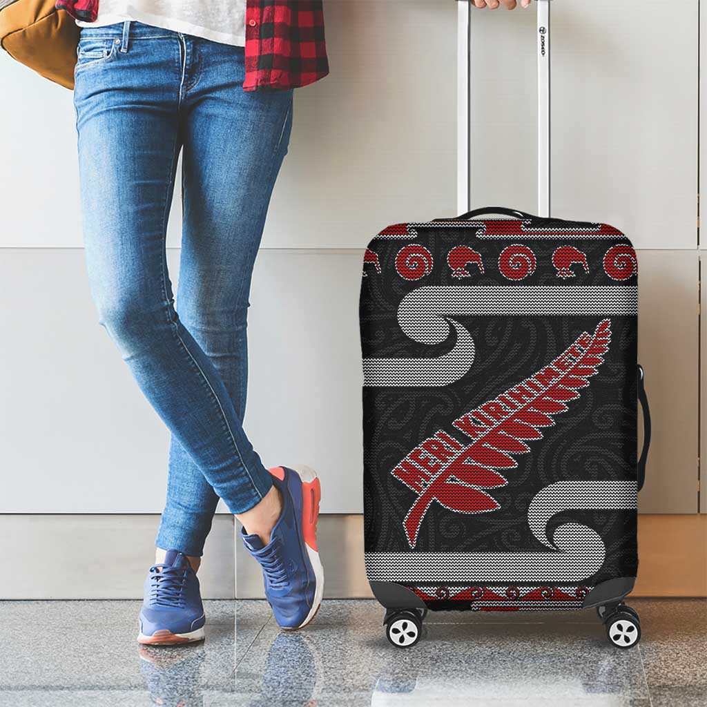 New Zealand Christmas Luggage Cover Meri Kirihimete Silver Fern Knit Style Red Color - Polynesian Pride