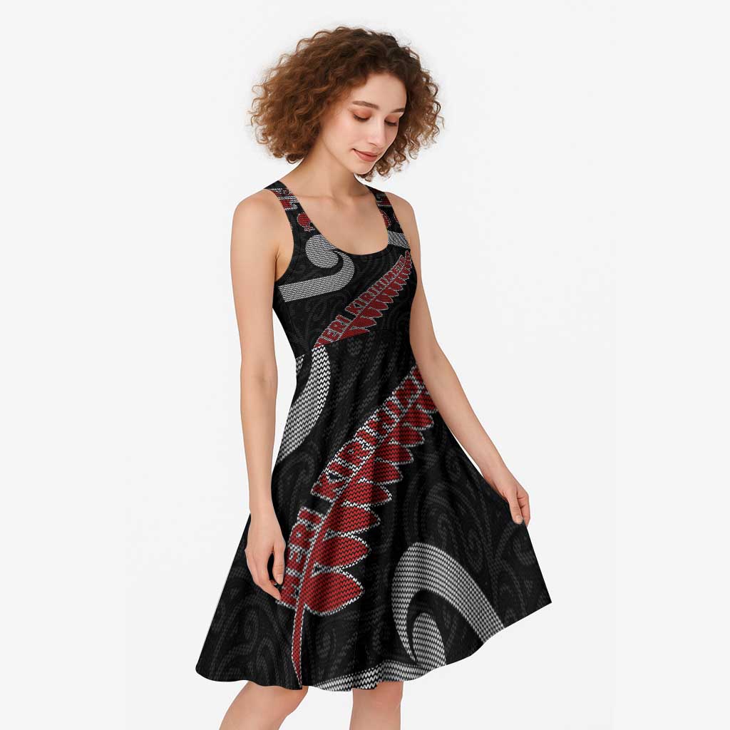 New Zealand Christmas Midi Dress Meri Kirihimete Silver Fern Knit Style Red Color - Polynesian Pride
