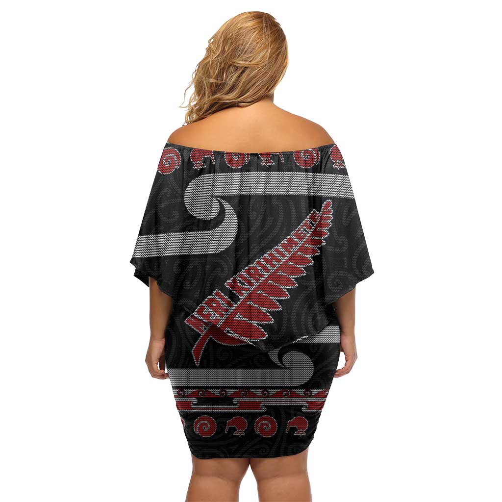 New Zealand Christmas Off Shoulder Short Dress Meri Kirihimete Silver Fern Knit Style Red Color - Polynesian Pride