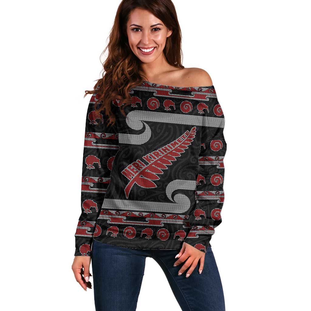 New Zealand Christmas Off Shoulder Sweater Meri Kirihimete Silver Fern Knit Style Red Color LT03 Women Red - Polynesian Pride
