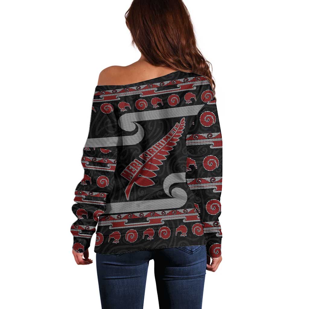 New Zealand Christmas Off Shoulder Sweater Meri Kirihimete Silver Fern Knit Style Red Color LT03 - Polynesian Pride