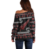New Zealand Christmas Off Shoulder Sweater Meri Kirihimete Silver Fern Knit Style Red Color LT03 - Polynesian Pride