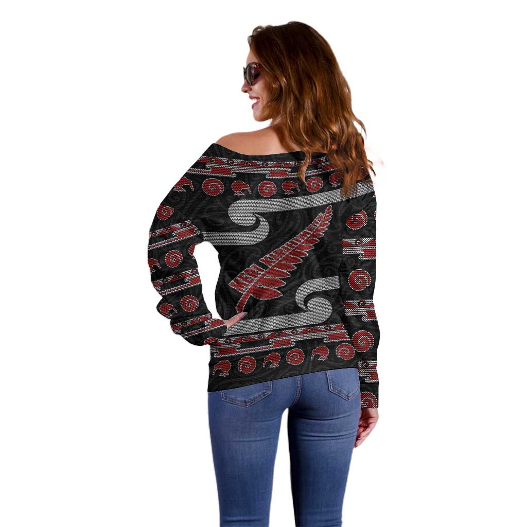 New Zealand Christmas Off Shoulder Sweater Meri Kirihimete Silver Fern Knit Style Red Color LT03 - Polynesian Pride