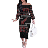 New Zealand Christmas Off The Shoulder Long Sleeve Dress Meri Kirihimete Silver Fern Knit Style Red Color - Polynesian Pride