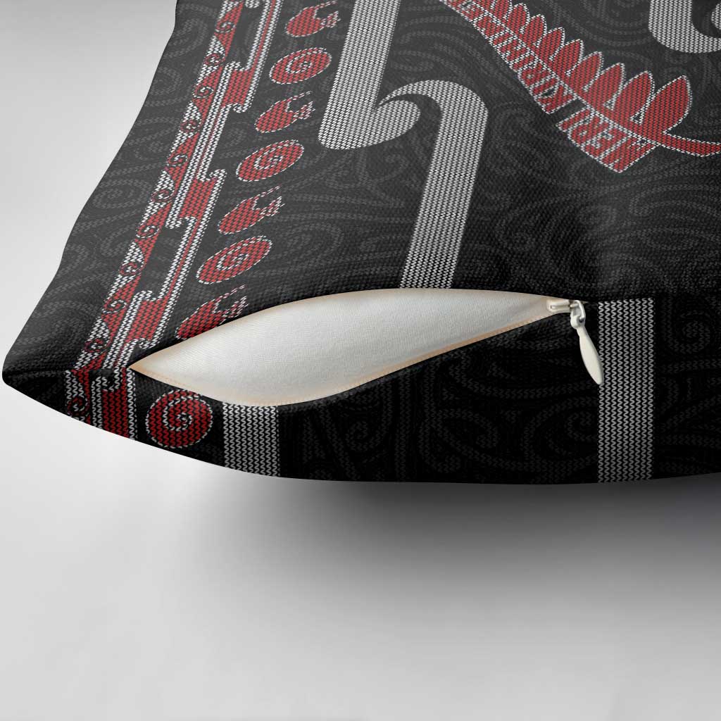 New Zealand Christmas Pillow Cover Meri Kirihimete Silver Fern Knit Style Red Color - Polynesian Pride