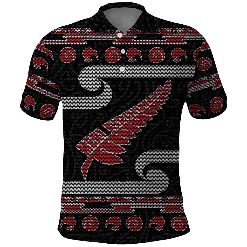 New Zealand Christmas Polo Shirt Meri Kirihimete Silver Fern Knit Style Red Color - Polynesian Pride