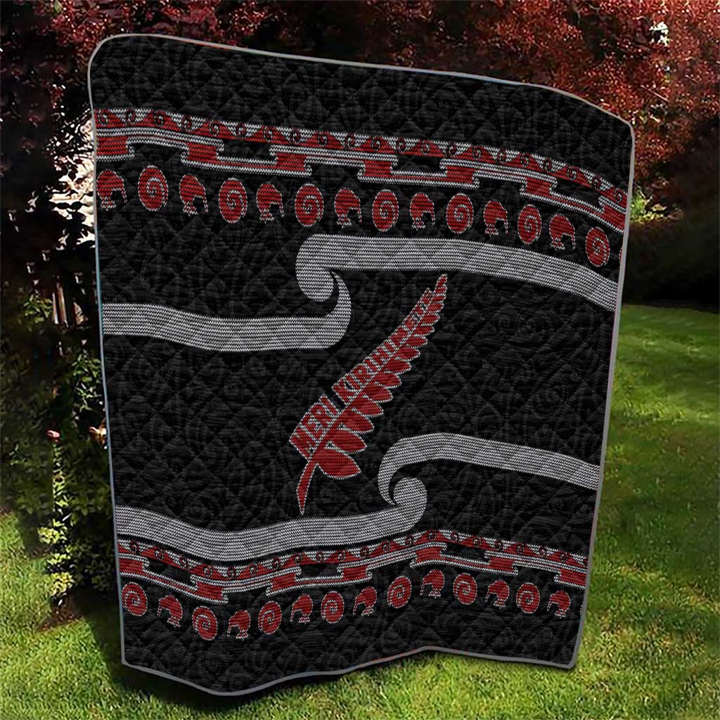 New Zealand Christmas Quilt Meri Kirihimete Silver Fern Knit Style Red Color - Polynesian Pride