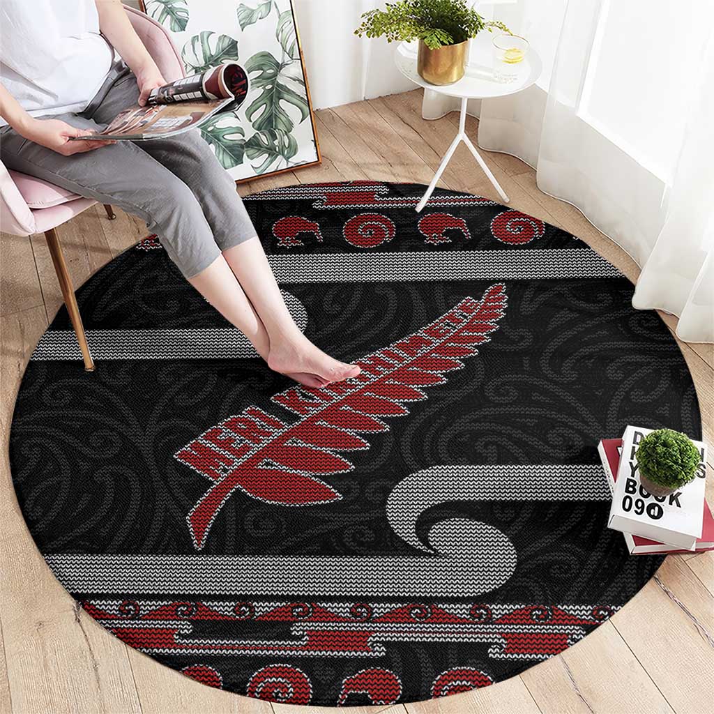 New Zealand Christmas Round Carpet Meri Kirihimete Silver Fern Knit Style Red Color - Polynesian Pride