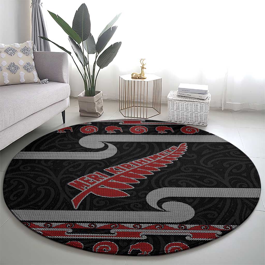 New Zealand Christmas Round Carpet Meri Kirihimete Silver Fern Knit Style Red Color - Polynesian Pride