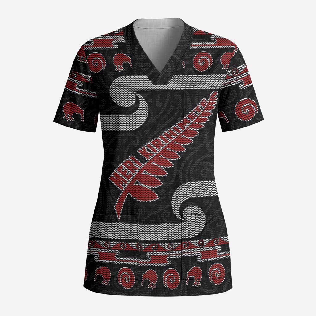 New Zealand Christmas Scrub Top Meri Kirihimete Silver Fern Knit Style Red Color - Polynesian Pride