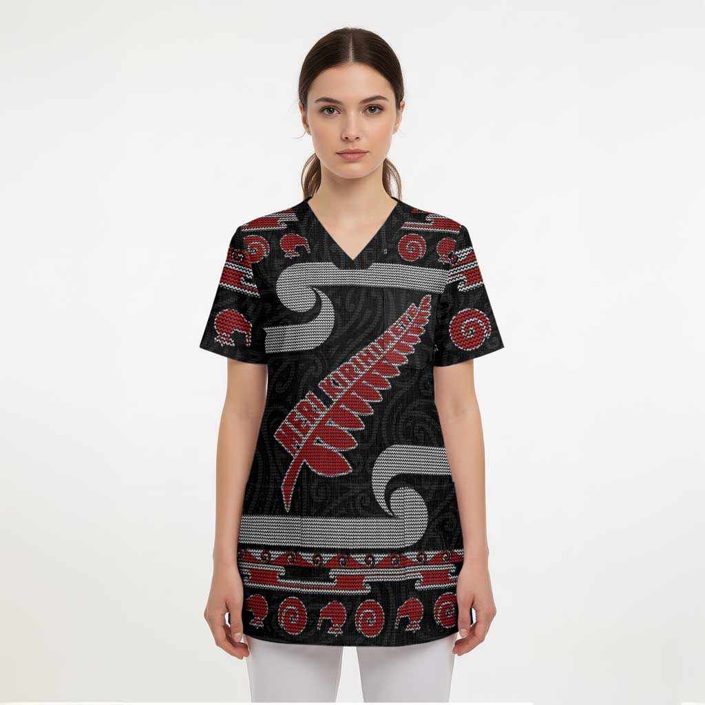 New Zealand Christmas Scrub Top Meri Kirihimete Silver Fern Knit Style Red Color - Polynesian Pride