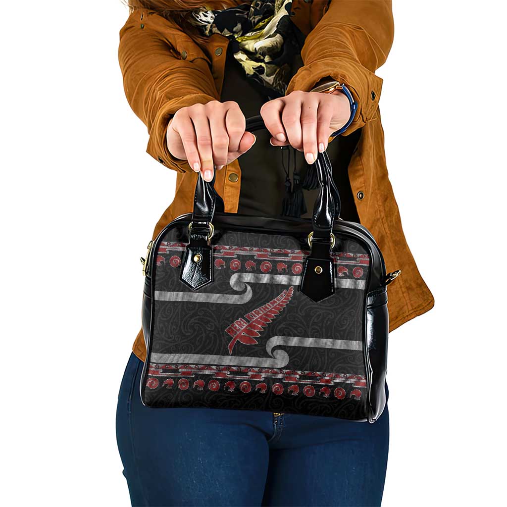 New Zealand Christmas Shoulder Handbag Meri Kirihimete Silver Fern Knit Style Red Color - Polynesian Pride