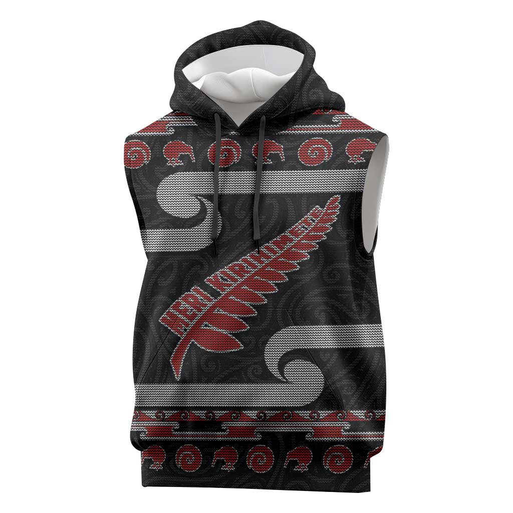 New Zealand Christmas Sleeveless Hoodie Meri Kirihimete Silver Fern Knit Style Red Color - Polynesian Pride