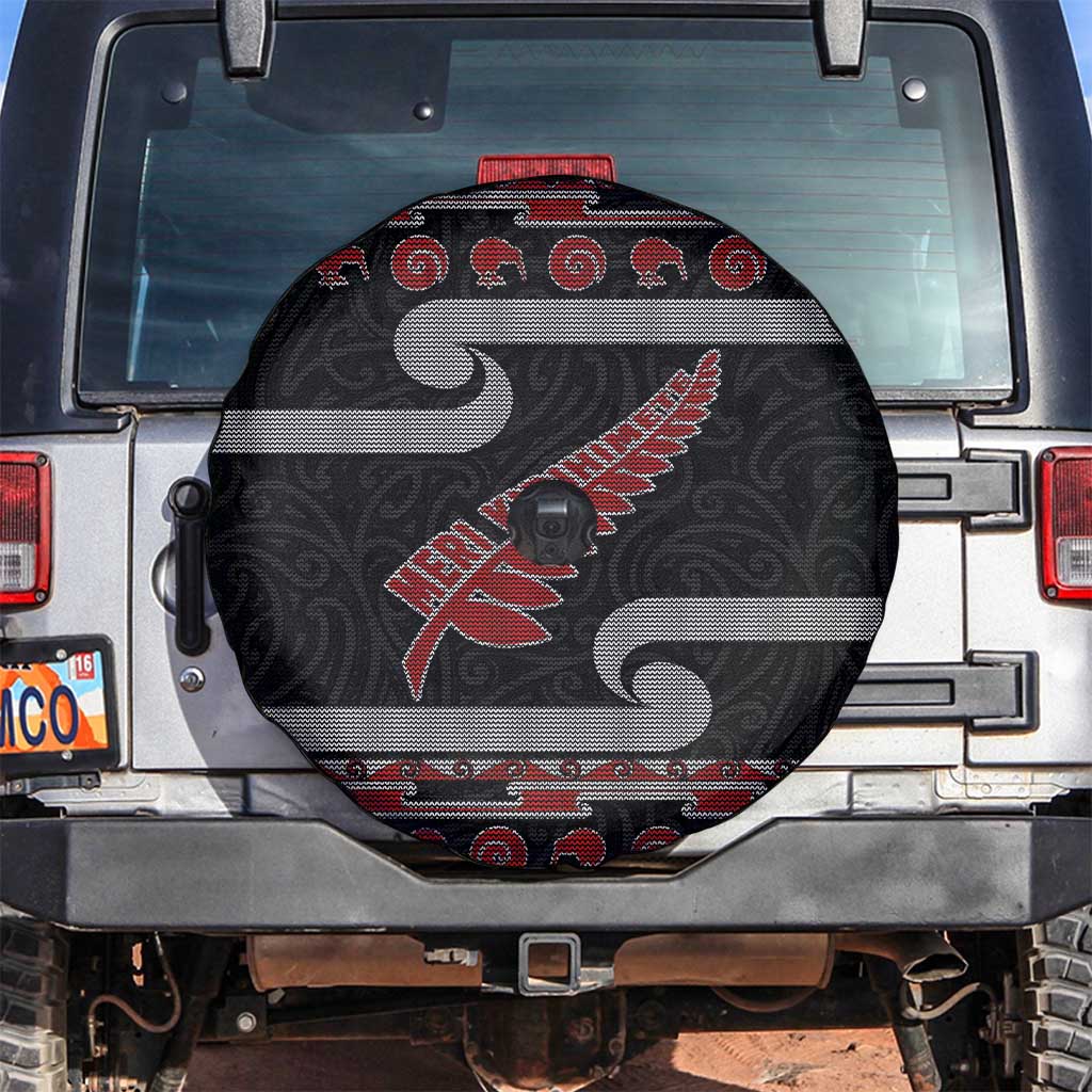 New Zealand Christmas Spare Tire Cover Meri Kirihimete Silver Fern Knit Style Red Color - Polynesian Pride
