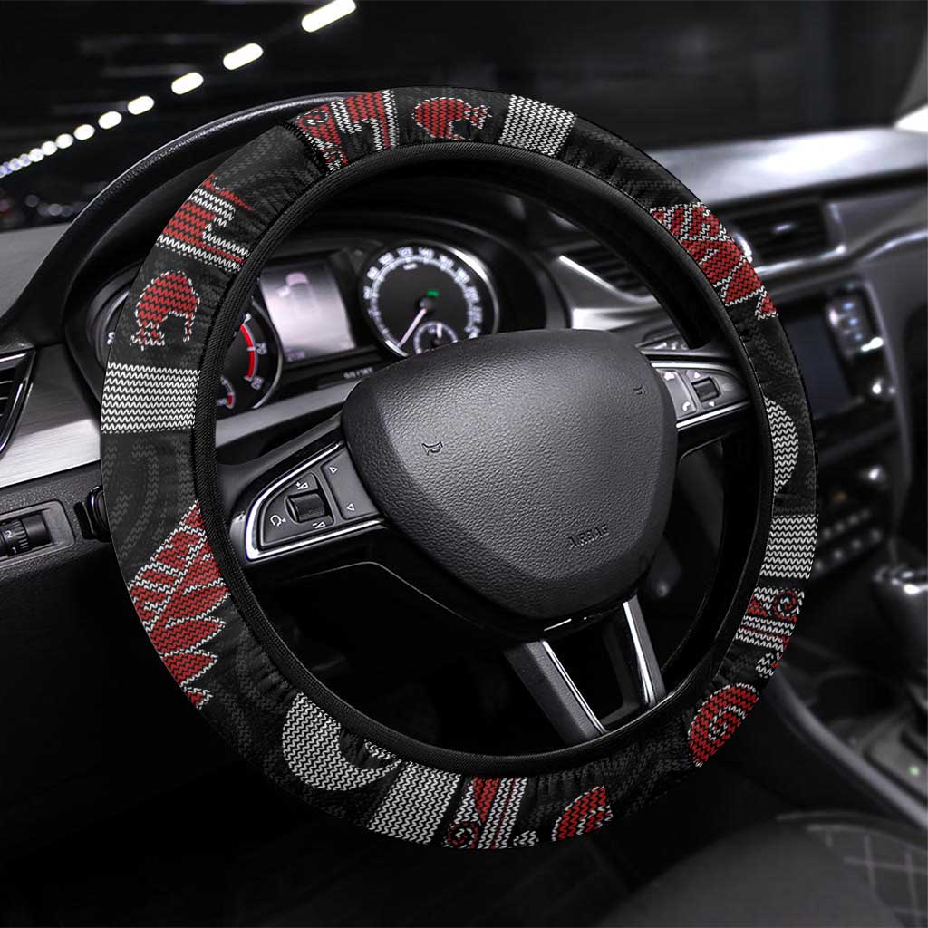 New Zealand Christmas Steering Wheel Cover Meri Kirihimete Silver Fern Knit Style Red Color - Polynesian Pride