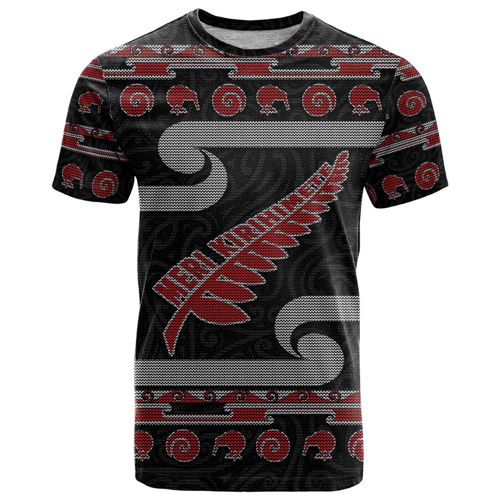 New Zealand Christmas T Shirt Meri Kirihimete Silver Fern Knit Style Red Color - Polynesian Pride