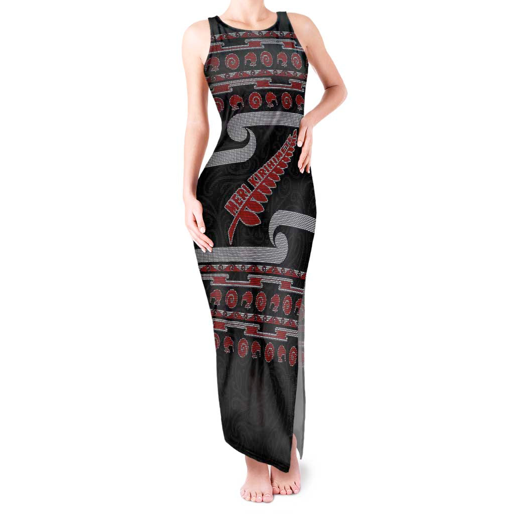 New Zealand Christmas Tank Maxi Dress Meri Kirihimete Silver Fern Knit Style Red Color - Polynesian Pride