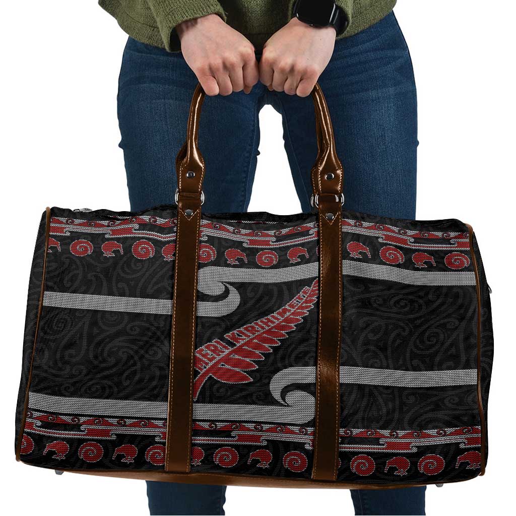 New Zealand Christmas Travel Bag Meri Kirihimete Silver Fern Knit Style Red Color - Polynesian Pride