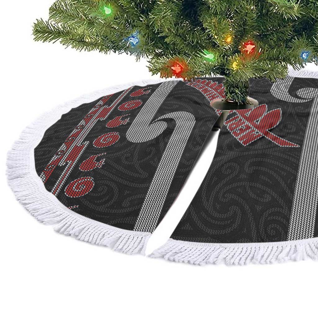 New Zealand Christmas Tree Skirt Meri Kirihimete Silver Fern Knit Style Red Color - Polynesian Pride